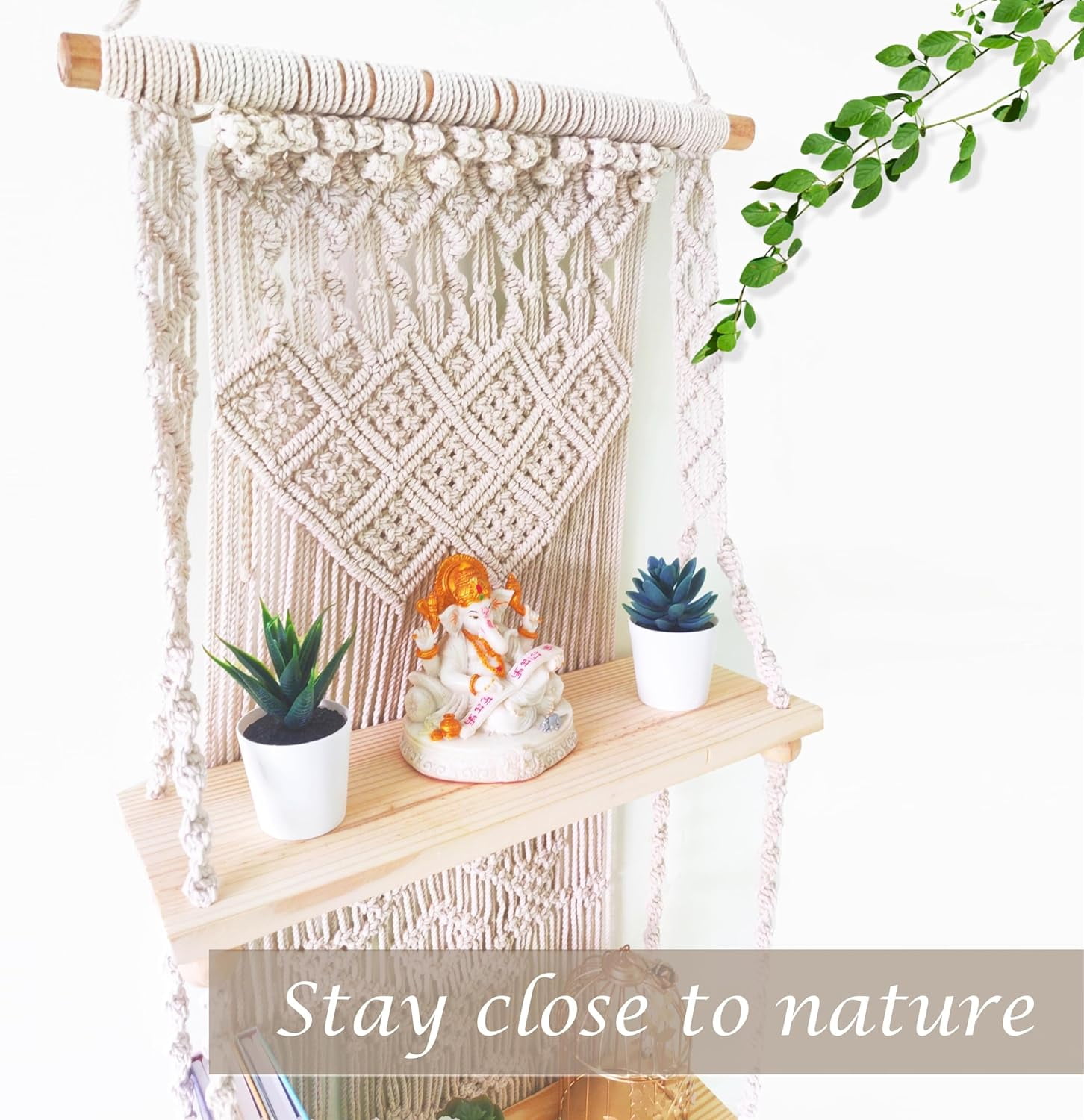 Macrame Wall Hanging Shelf 2 Tier Boho Wall Plant Hanger Shelves, Handmade of Woven Rope Boho Shelves Organizer for Living Room Bathroom Home Storage Floating Plant Rack Bohemian décor
