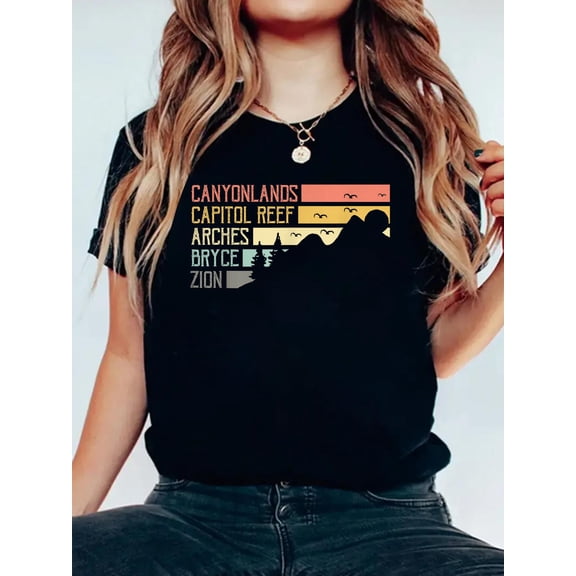 Cotton Vintage Moab Souvenir Big 5 Utah Mighty Five National Park T-Shirt Women's Graphic Tee Casual Tops