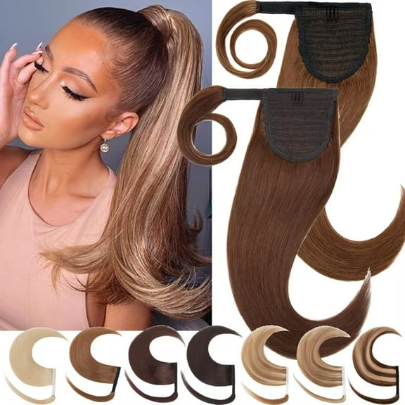 HAIRRO Ponytail Extension Human Hair Ponytail Extension Clip In Ponytail Hair Extensions Wrap Around Long Ponytail Straight One Piece Hairpiece Hair