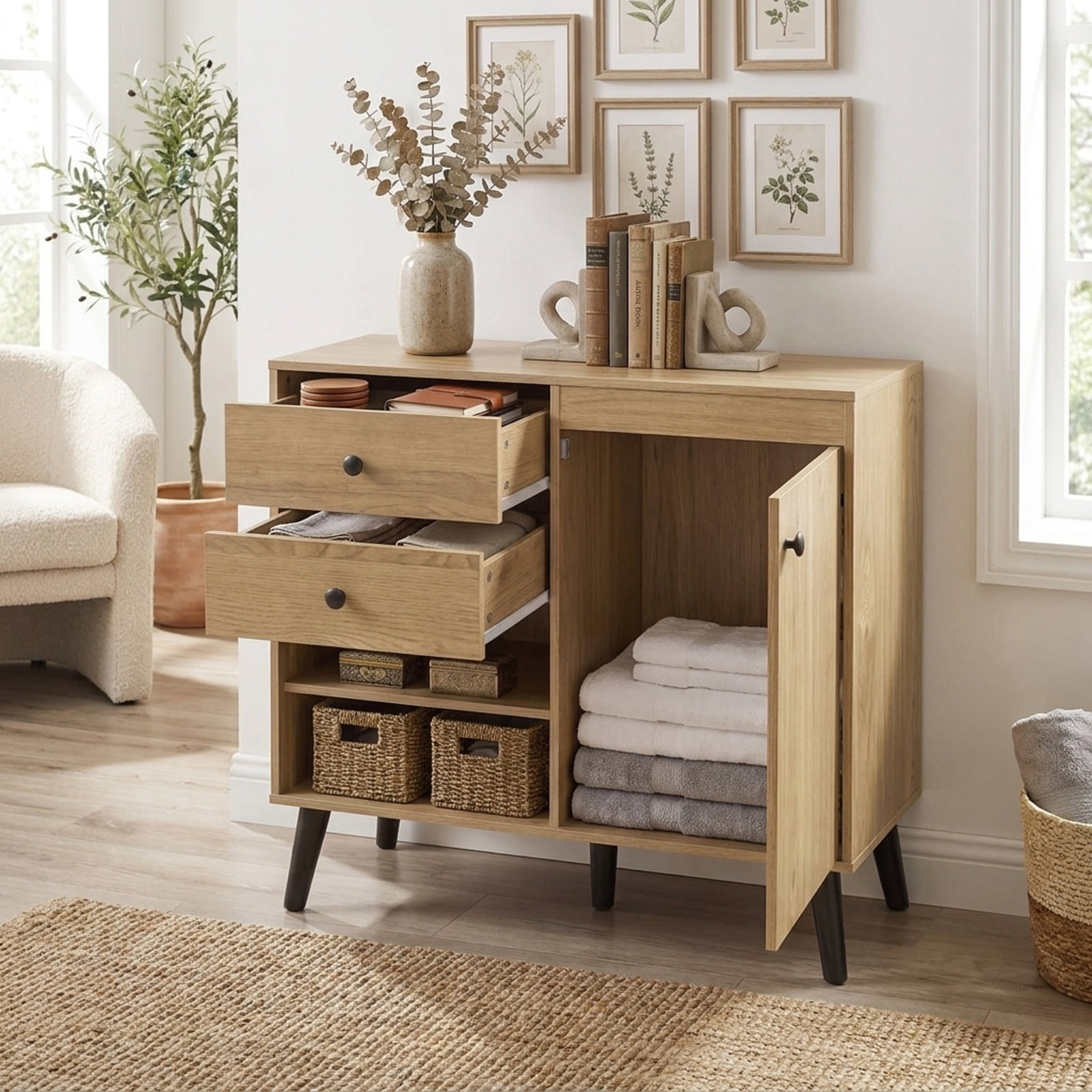 Furnibear 31" Sideboard Cabinet with 2 Open Compartments and 2 Drawers-Natrual for Kitchen Dining Living Room Buffet Storage Server, Natural