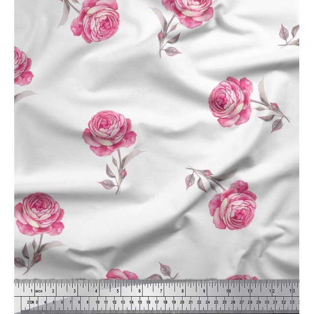 Soimoi White Moss Georgette Fabric Grandiflora Roses Floral Printed Craft Fabric by the Yard 42 Inch Wide