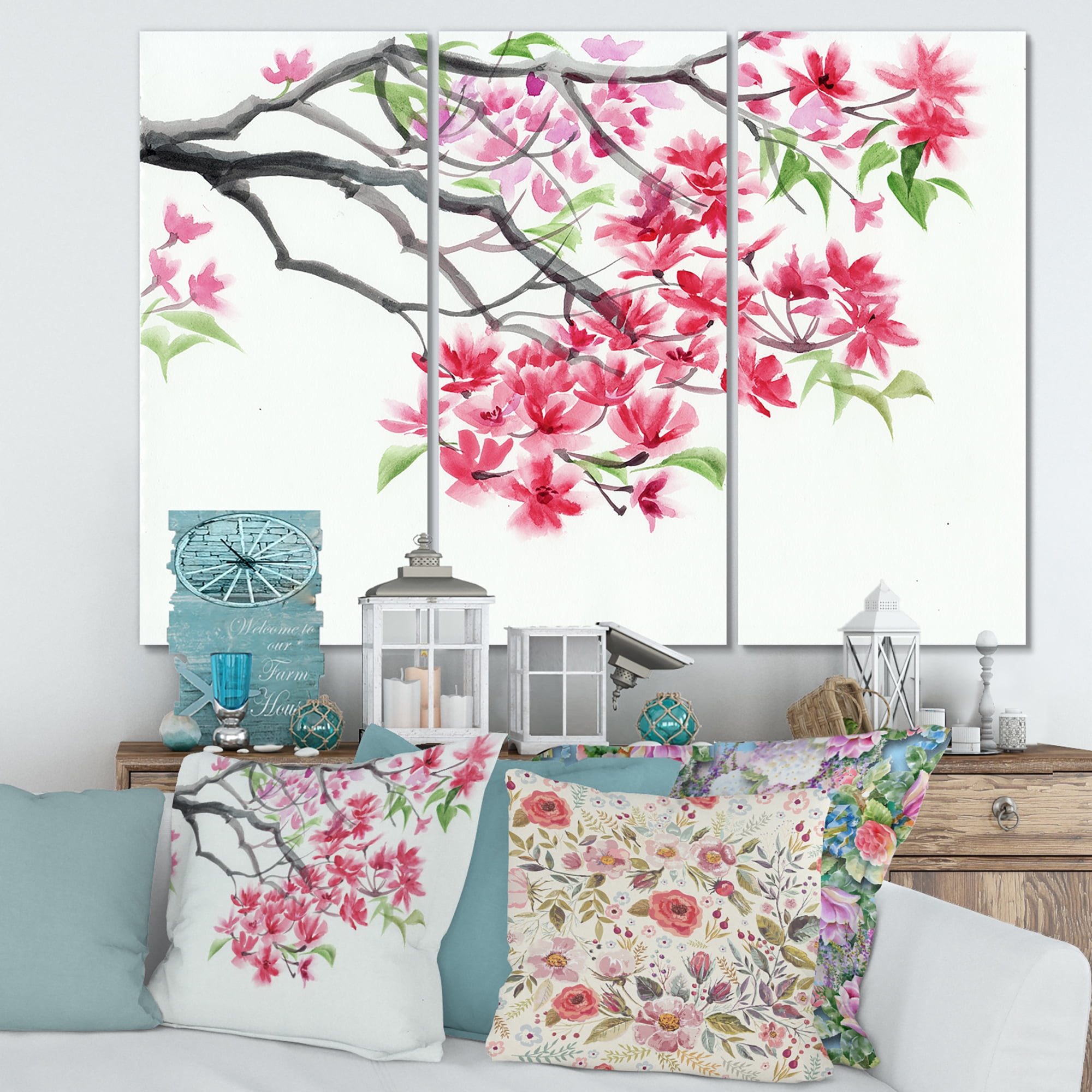 Designart ' Red Blossoming Tree On White ' Traditional Canvas Wall Art Print