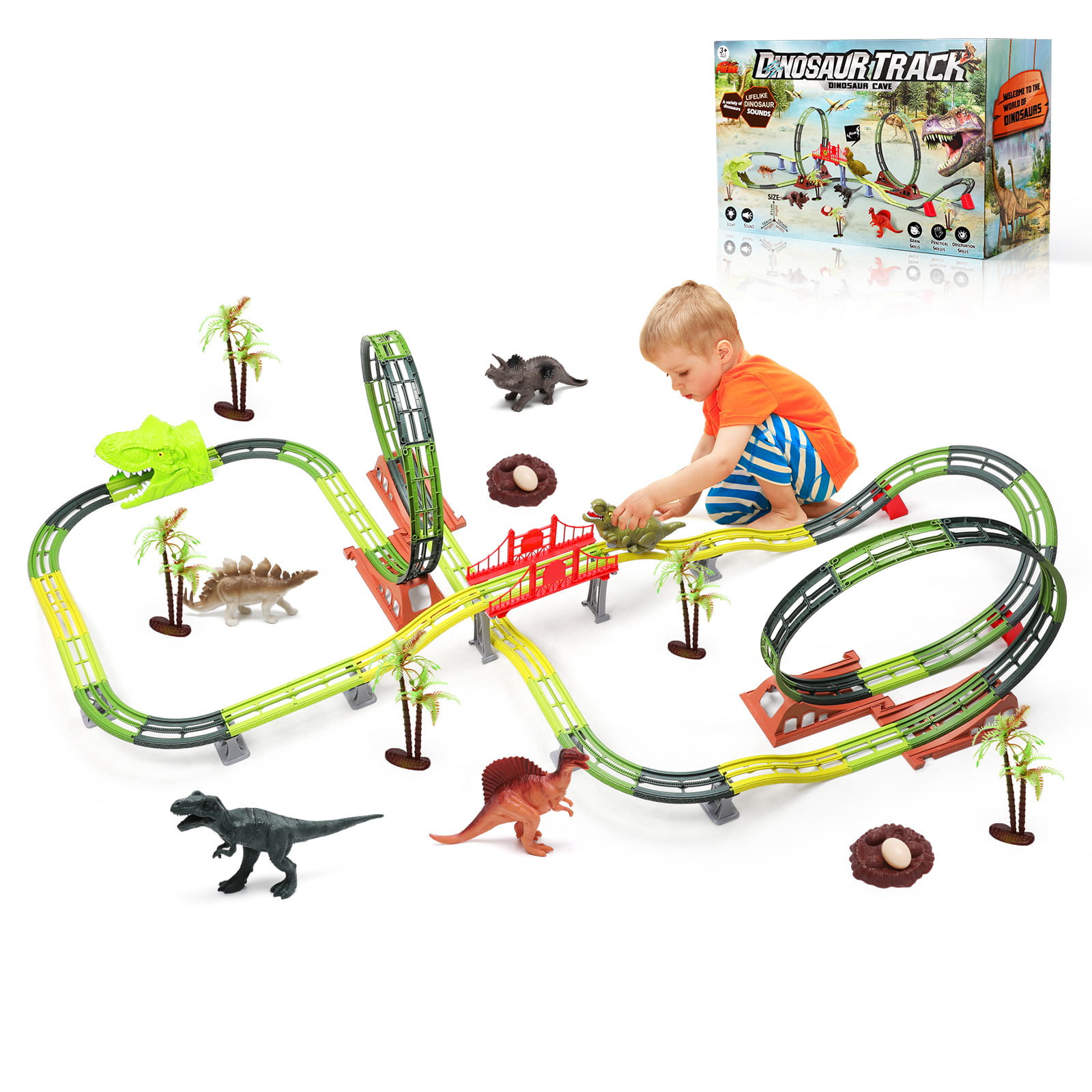 Magic Tracks Dino Chomp Light Up Set Kids Toys Cars Dinosaurs Gift Easy Storage 
