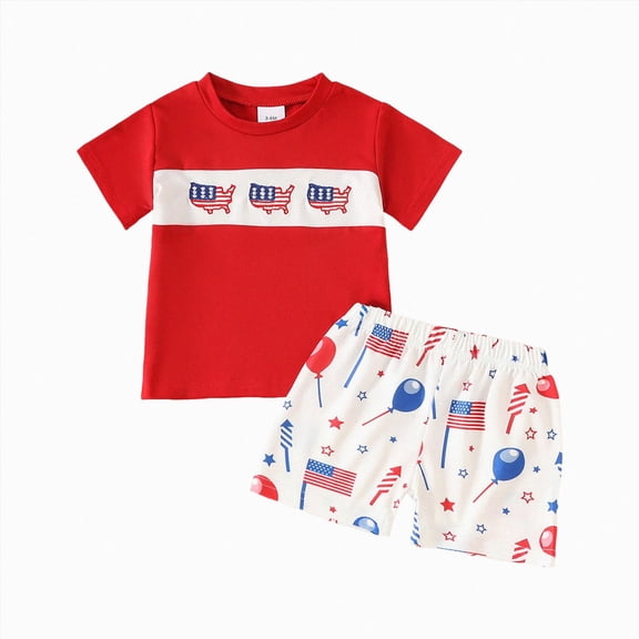 Duqingm 4th Of July Outfits for Baby Boys Flag Print Short Sleeve T-Shirt and Elastic Shorts Set Toddler Summer Clothes Summer Cute Clothes(Red,18-24 Months)
