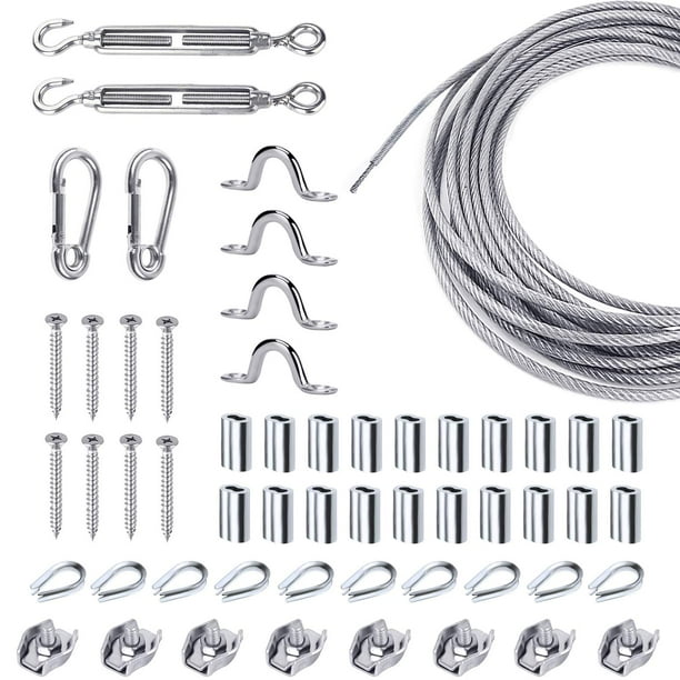 Kit Para Colgar Luces De Cuerda De Alambre De Acero Inoxidable, Barandilla De Cable, Kit Para Colgar Cuadros Y Aviones, Incluye Tensor Y Ganchos De Cable Recubierto De Vinilo Transparente De 165 Pies