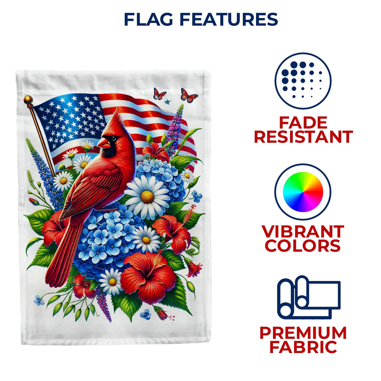 America Forever cardinal patriotic House flag, 28 x 40 inch Double Sided, American Flag House Flag, Spring Flower Red Cardinal Banner, Spring Summer Seasonal Outdoor Decorative for Lawn