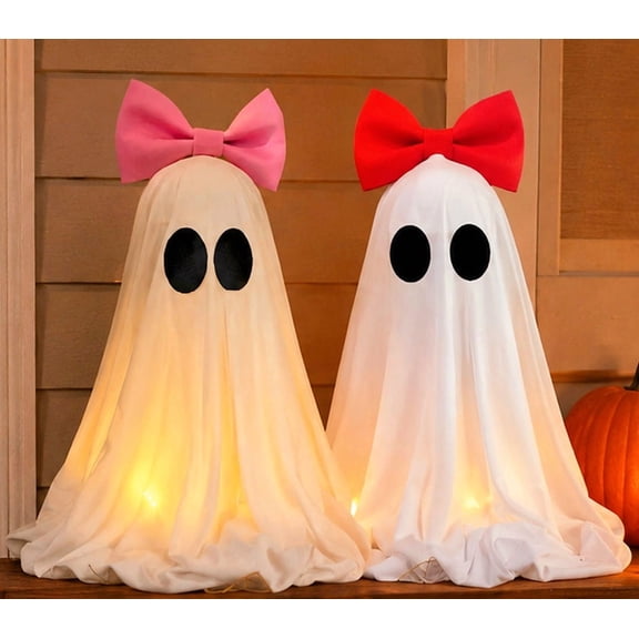 FufuCrick Ghost Decoration, Cute Tabletop Ghost with Bow for Halloween Decor, Spooky Indoor and Outdoor Ornament for Halloween Party Decorations, Pink