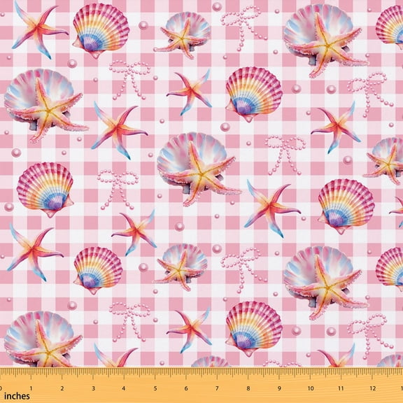 Manfei Cute Seashell Starfish Fabric by the Yard 1 Yard, Pastel Plaid Home Decor Fabric by the Yard, Pink Seashell Gingham