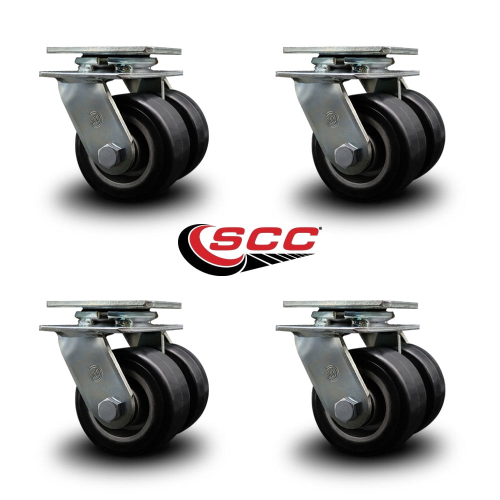 4 Inch Dual Rubber on Aluminum Wheels Swivel Caster Set with Ball Bearings SCC