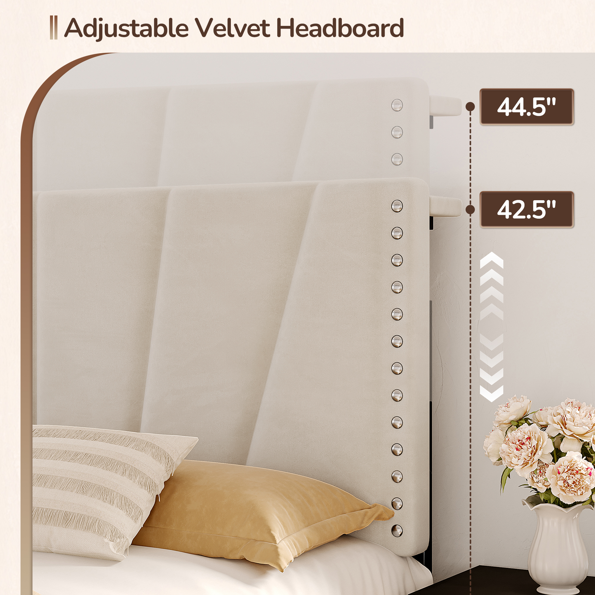 EnHomee Full Platform Bed with LED Lights & Headboard, Beige photo 8