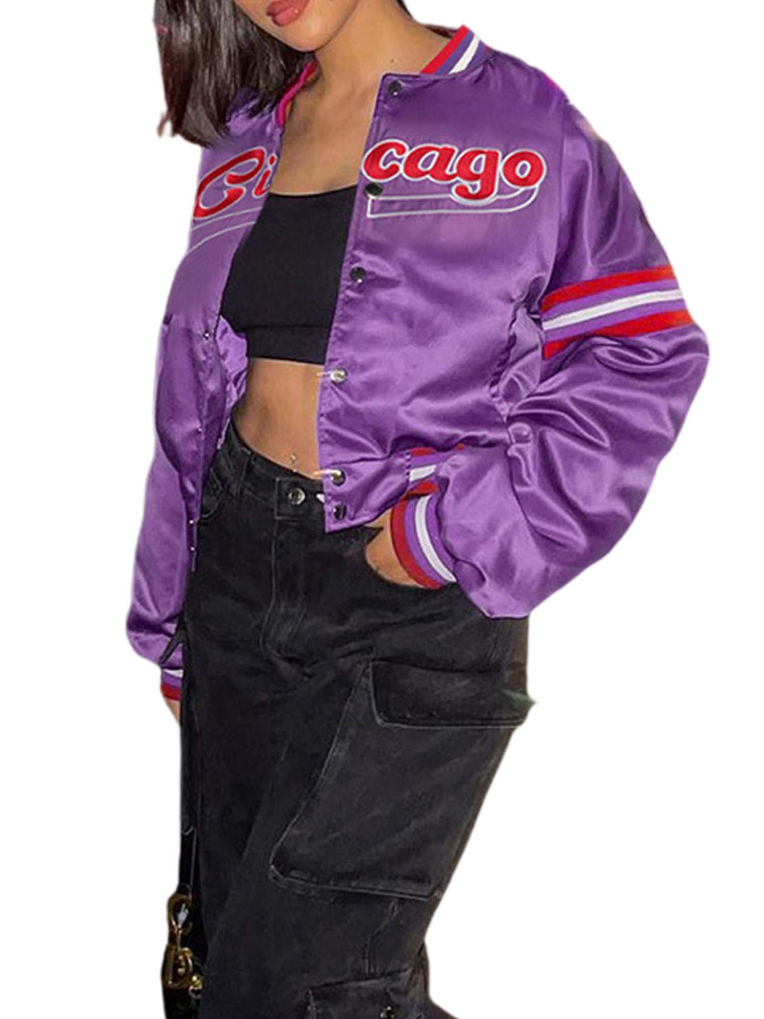 TheFound Womens Crop Baseball Bomber Jacket Long Sleeve Button Vintage Varsity Fall Jackets Coats Y2K Streetwear Purple M - image 5 of 7