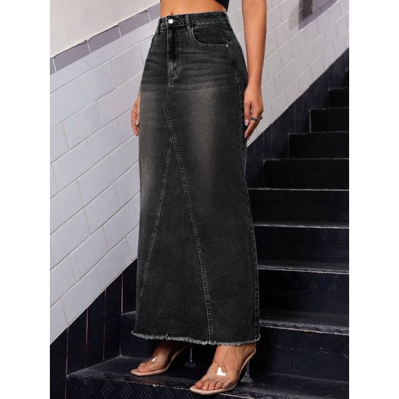 Womens Black Maxi Denim Skirt With Frayed Hem And Asymmetrical Seam
