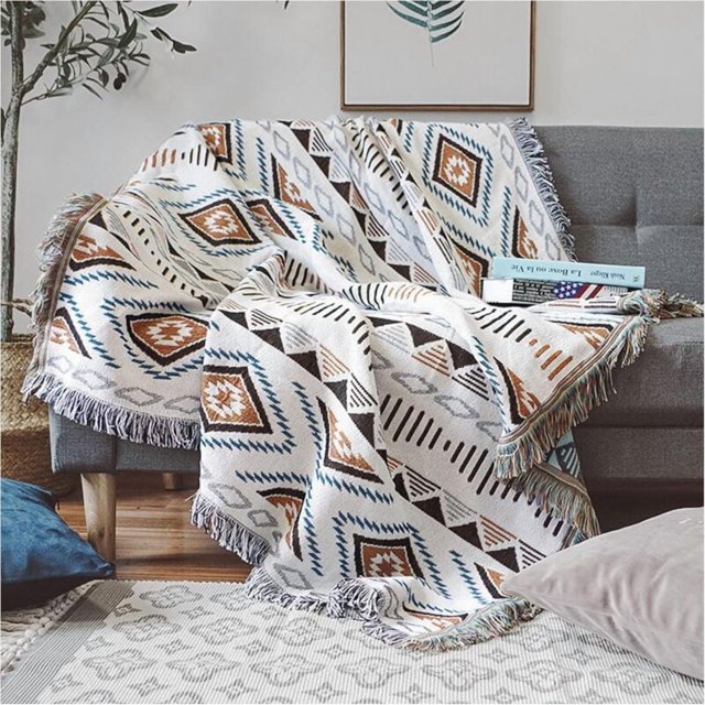 (Geometric Patterns, 130x180cm) Sofa Blanket with Pompom, Couch Throws, Knitted Blanket, Aztec Ethnic Style Blanket, for Home, Office, Travel, Camping