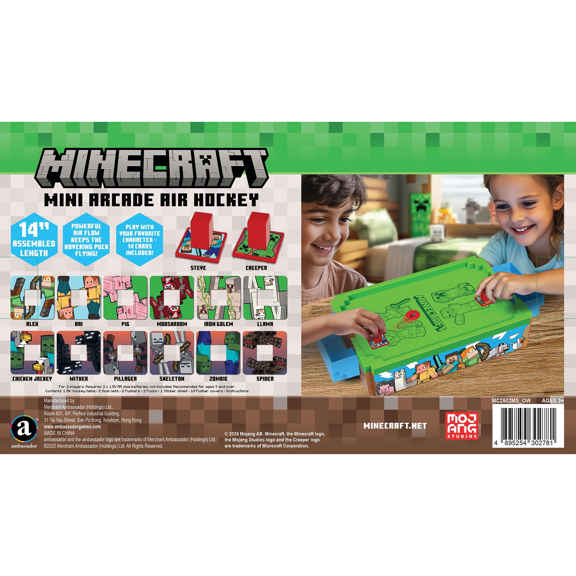 Minecraft: Mini Arcade Air Hockey - Overworld - 14" Motorized Tabletop Game, Iconic Sounds, Customizable Pushers, Licensed, Adults- Kids 3+, 2 Players