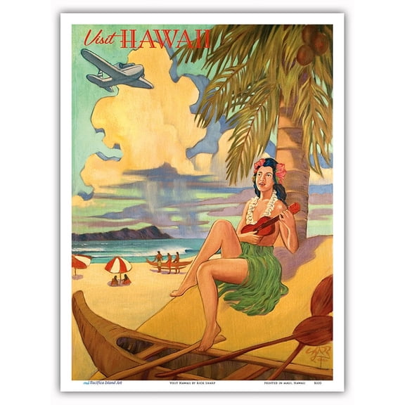 Visit Hawaii - Hawaiian Hula Dancer with Ukulele - Vintage Hawaiian Travel Poster by Rick Sharp - Master Art Print (Unframed) 9in x 12in
