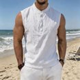 thumbnail image 2 of Men's Stand Collar Button Linen Tank Top Sleeveless Vest Henley T-Shirt Summer Breathable Tee Base Tops White-A, 2 of 9
