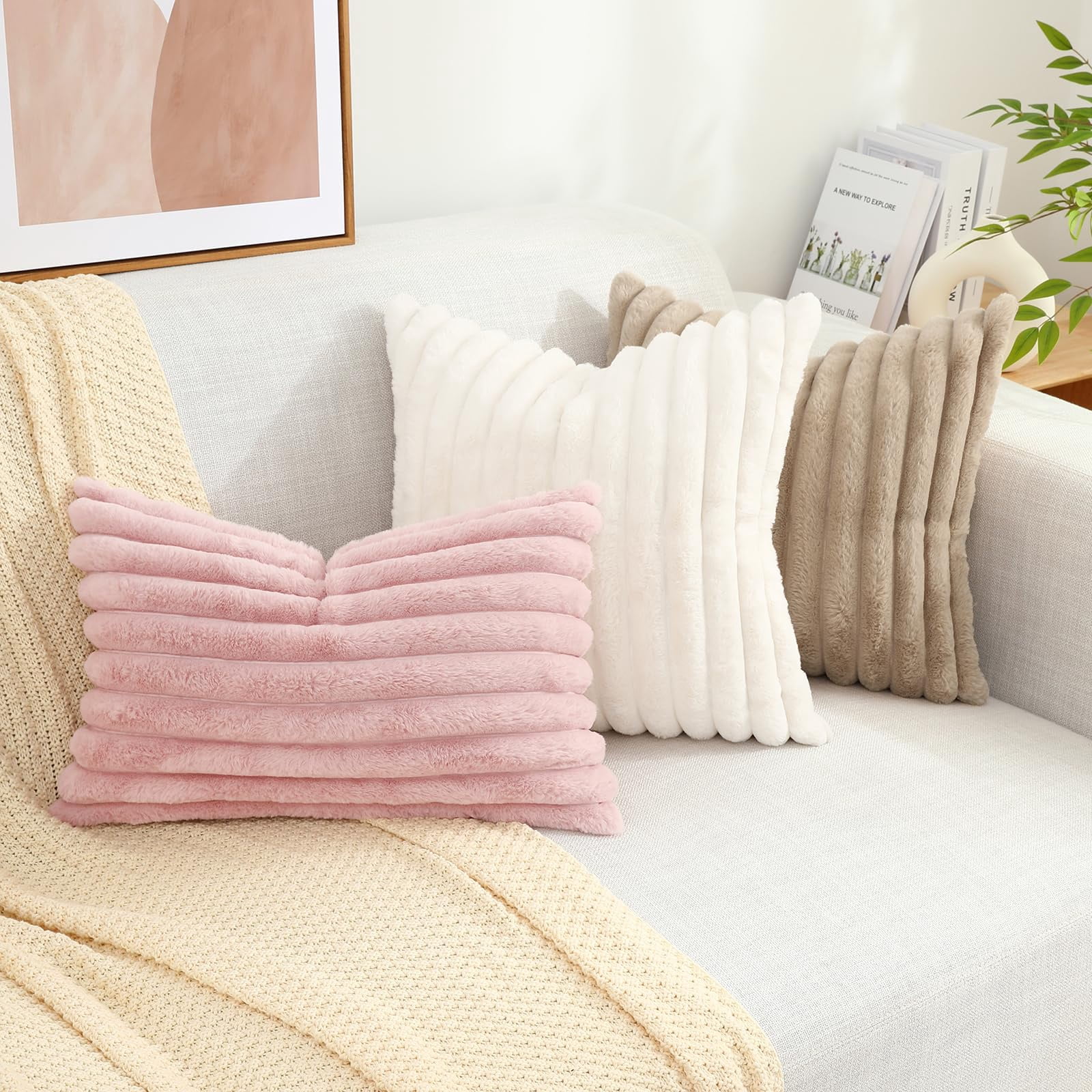 decorUhome Pack of 2 Faux Fur Plush Throw Pillow Covers 12x20, Soft Fluffy Striped Decorative Couch Pillow Covers , Blush Pink