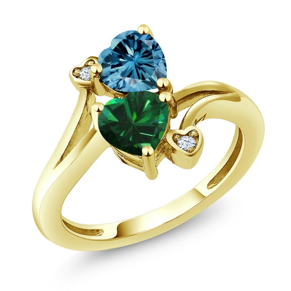 Gem Stone King 10K Yellow Gold Fashion Right-Hand Ring Heart Shape Persian Blue Moissanite and Nano Emerald Green (1.53 Cttw, Size 8)