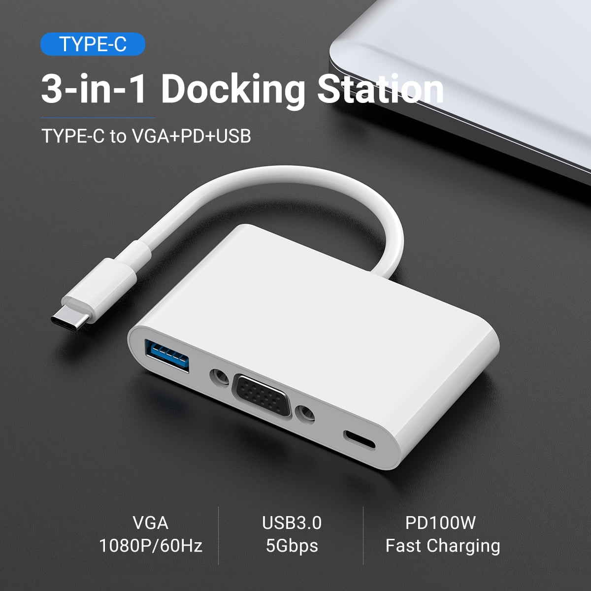 DOONJIEY 3 in 1 USB-C Docking Station Muliti-Port Adapter  Type-C to VGA1080P+PD 100W+USB 3.0(5Gbps) Hub for Samsung Macbook Pro/Air ipad