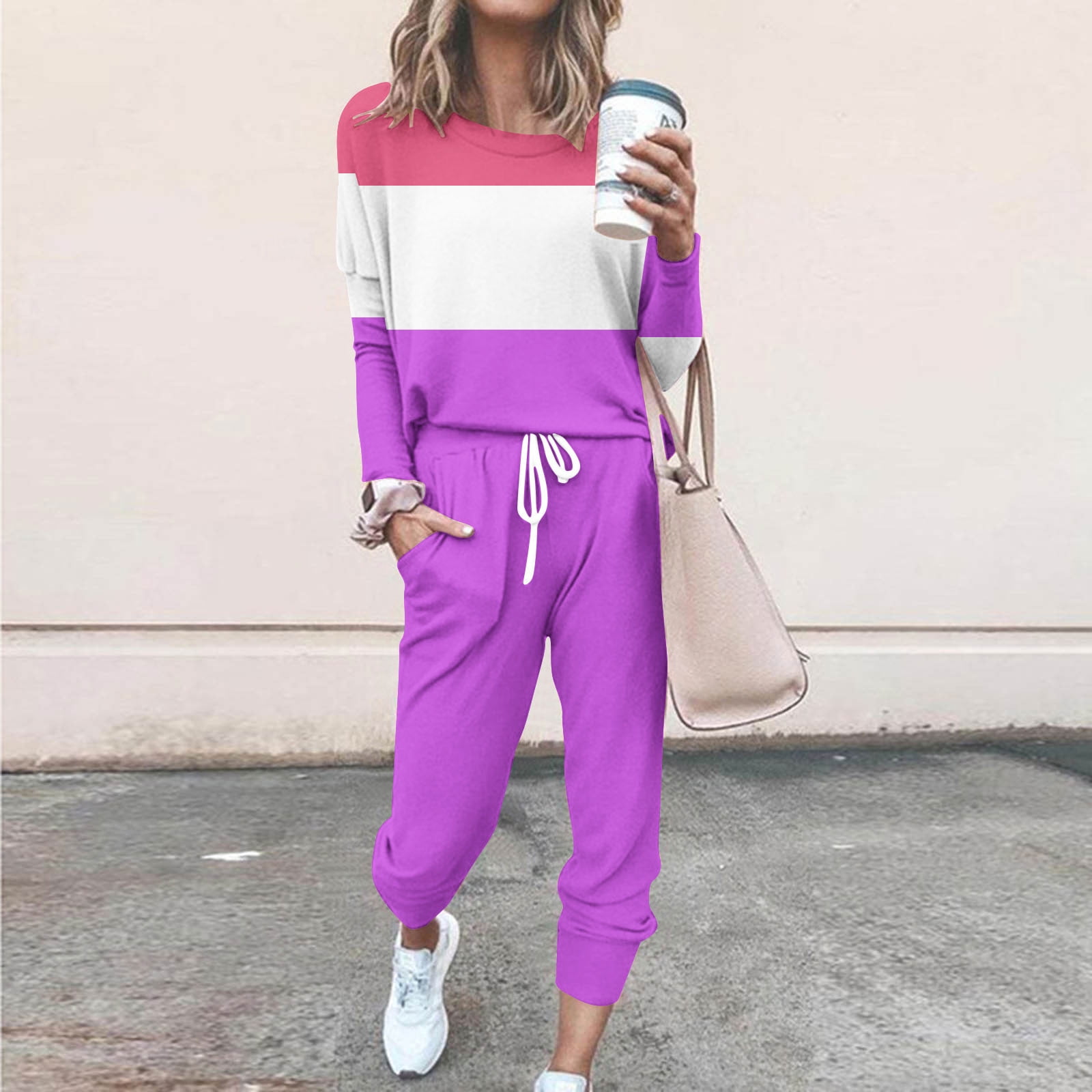 YUGYXL Women's 2 Piece Outfit Colorblock Lightweight Long Sleeve Tee Top and Jogger Pants Sets Casual Sweatsuit Tracksuit Purple XL