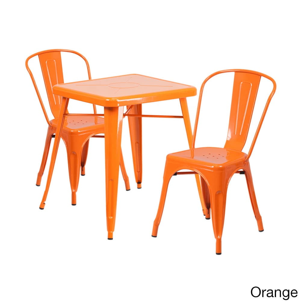 Offex Metal IndoorOutdoor Table Set with 2 Stack Chairs Orange