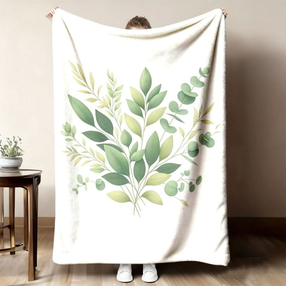 Eucalyptus Leaf Flannel Throw Blanket, Soft Marble Print with Sage Green & Cream Branches, 70x90 Inch, All Seasons Cozy Sofa Bed Decor, Digital Print Polyester