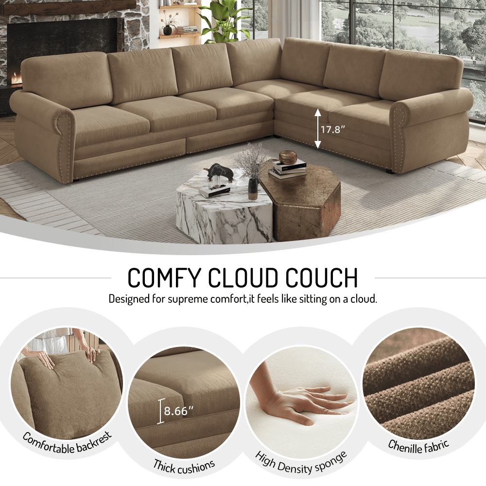LLappuil Sectional Sofa, Pull Out Sofa Bed King Size, 6 Seat Chenille Sofa Couch Convertible Sleeper Sofa Bed for Living Room Camel