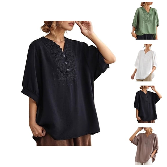 3/4 Length Sleeve Womens Tops 2026 Trendy Casual Boho Vintage Lace V Neck Loose Plain Tshirt Womens Blouses