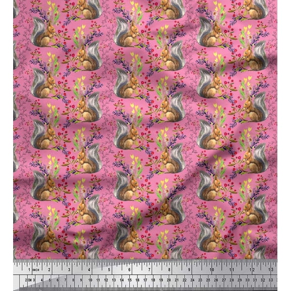 Soimoi Velvet Fabric Leaves,Floral & Squirrel Animal Printed Fabric 1 Yard 58 Inch Wide