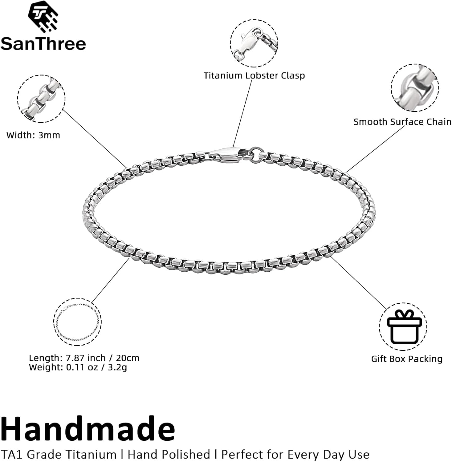 SanThree 3mm Pure Titanium Box Chain Bracelet for Men Women, Ultra Light NO Allergic Square Rolo Link Round Box Chain Bracelets Bracelets Jewelry Birthday Gifts for Father Grandpa Boyfriend, 7.87”