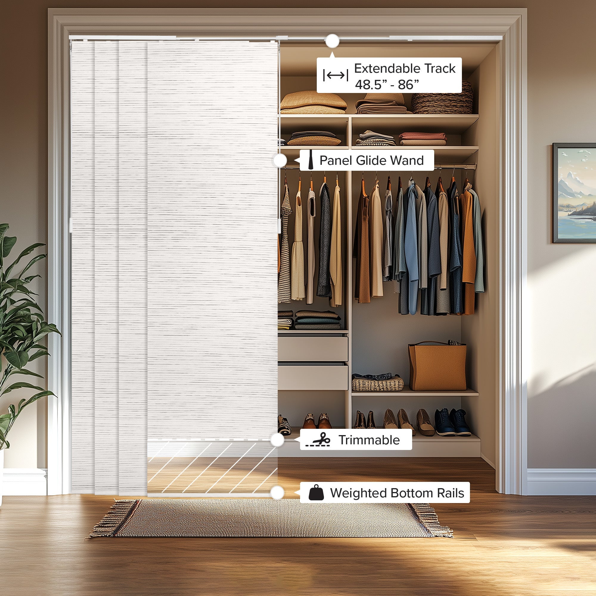 Chicology Adjustable Sliding Panel Track Blind, Vertical Blinds, Light Filtering - 46"-86" W X 96" Height, Meshed Glacier