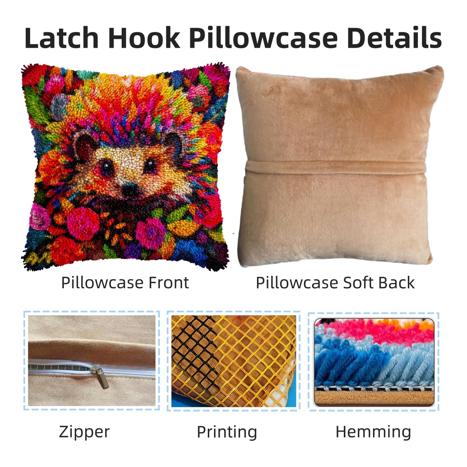 Cartoon Hedgehog DIY Latch Hook Pillow Kits for Adults Printed Pillowcase Crochet Yarns Hooking Handmade Pillow Cover Cushion for Home Sofa Decoration 17x17inch