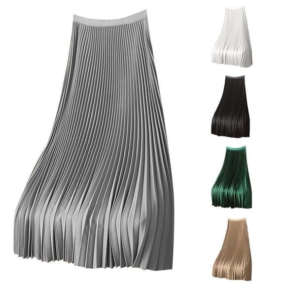Rggeeun Maxi Skirts for Women Pleated Flowy Skirt Loose Elastic Waist Outdoor Play,Silver,XL