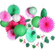 Flamingo Pink, Green, and White Decorations Kit, Includes Paper Fans, Paper Lanterns, and Garland
