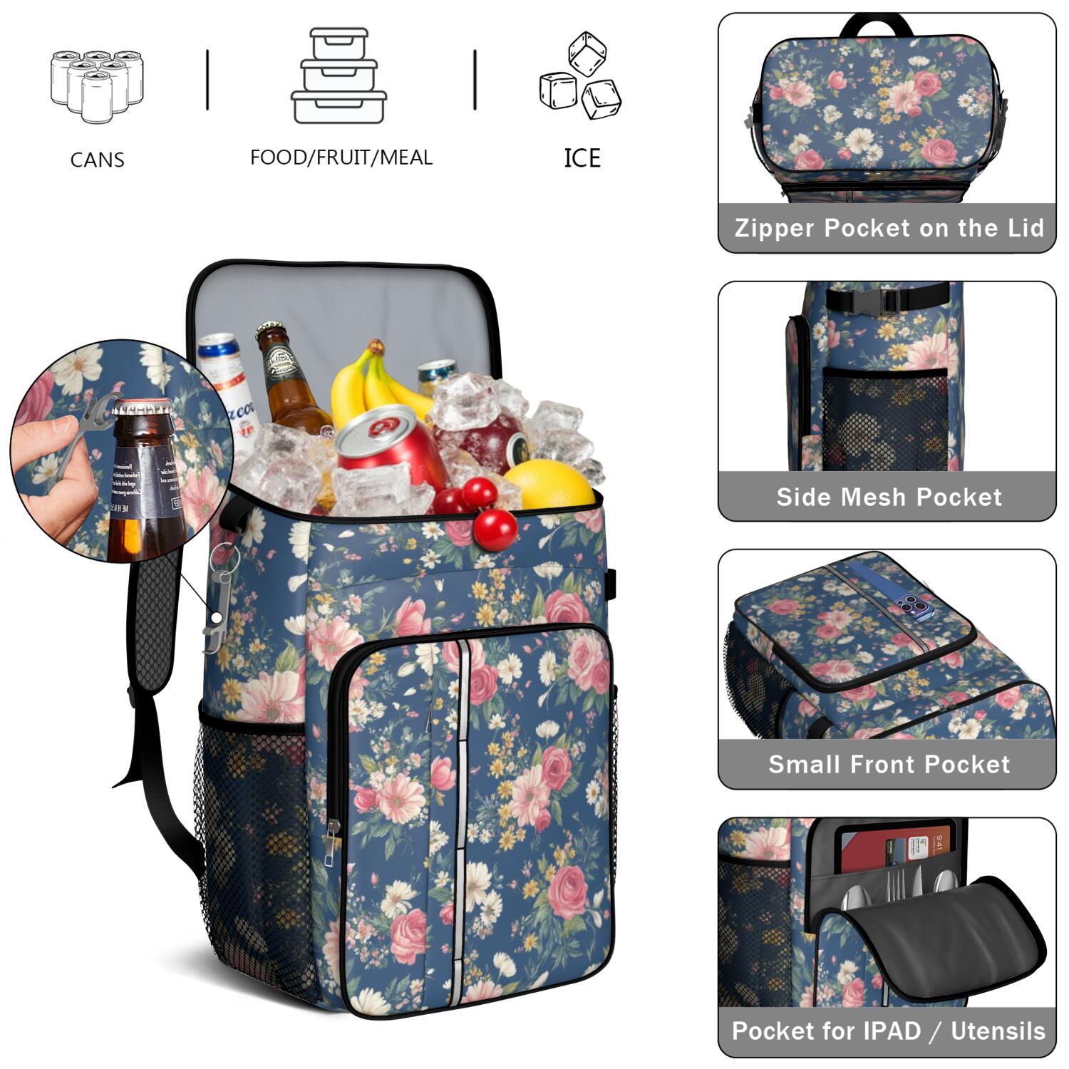 Travel Cooler Bag - Pioneer Flower Floral Print Pattern Camping Beer Cooler Backpack with Bottle Opener- Waterproof Insulated Picnic Backpacks - Cooler Bag for Beach