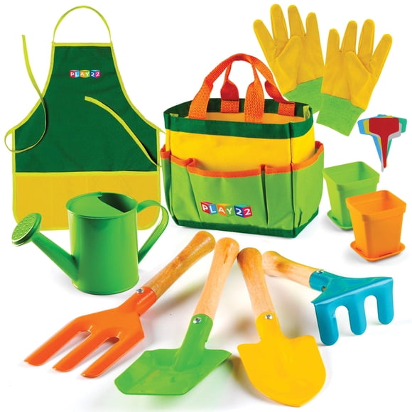 Play22 Ensemble d'Outils de Jardinage pour Enfants 12 Pcs - Outils de Jardinage pour Enfants Pelle, Râteau Fourchette Truelle Tablier Gants Arrosoir et Sac Fourre-Tout - Garde en Bois