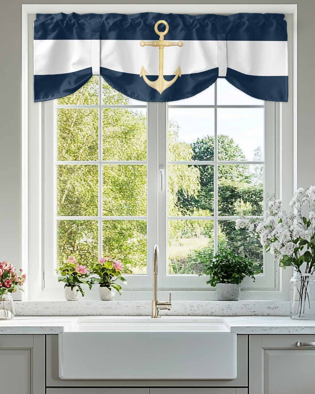 Navy Blue Tie Up Valances Curtain, Stripe Gold Anchor Pattern Kitchen Valances for Windows Decor, Rod Pocket Short Curtains Set for Bedroom/Bathroom, 54"x18"
