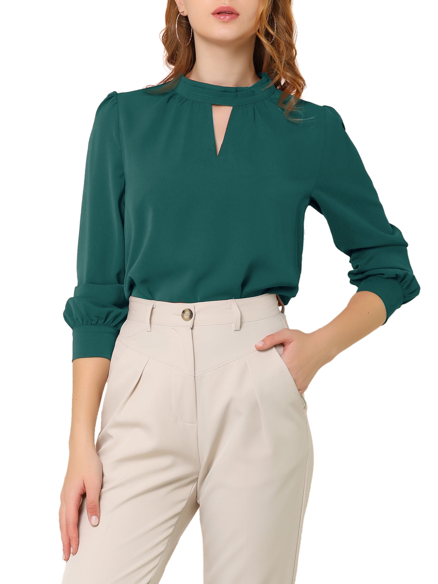 DARING DIVA Women's Stand Collar Long Sleeve Office Blouse S Deep Green