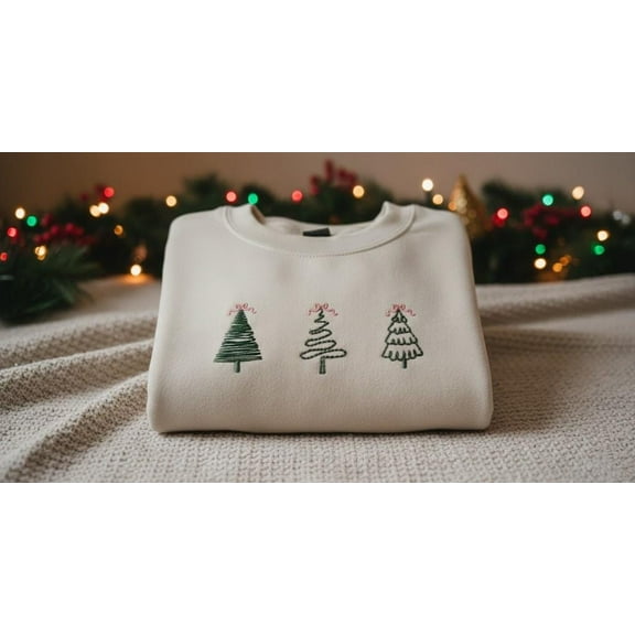 Merry Christmas Tree Embroidered Sweatshirt, Three Christmas Trees Machine Embroidered Crewneck, Holiday Bow Tree Embroidered Shirt
