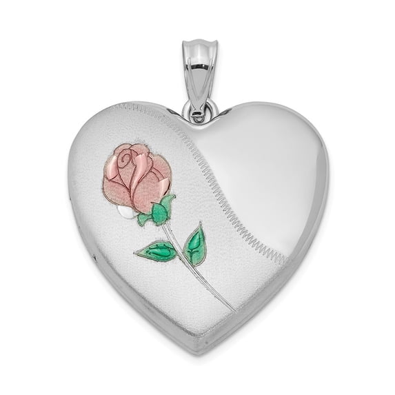 FB Jewels Sterling Silver Rhodium-plated 24mm Satin, Enameled, D/C Rose Locket