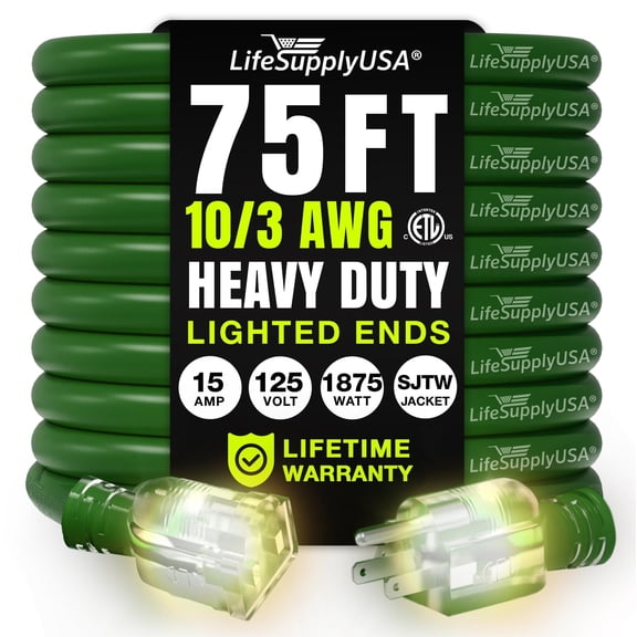 75ft Outdoor/Indoor Extension Cord 10/3 Gauge Ultra Heavy Duty 3 Prong SJTW, Waterproof, ETL Listed, Flexible Cold-Resistant Long Power Cord,15A 125V 1875W, Green by LifeSupplyUSA