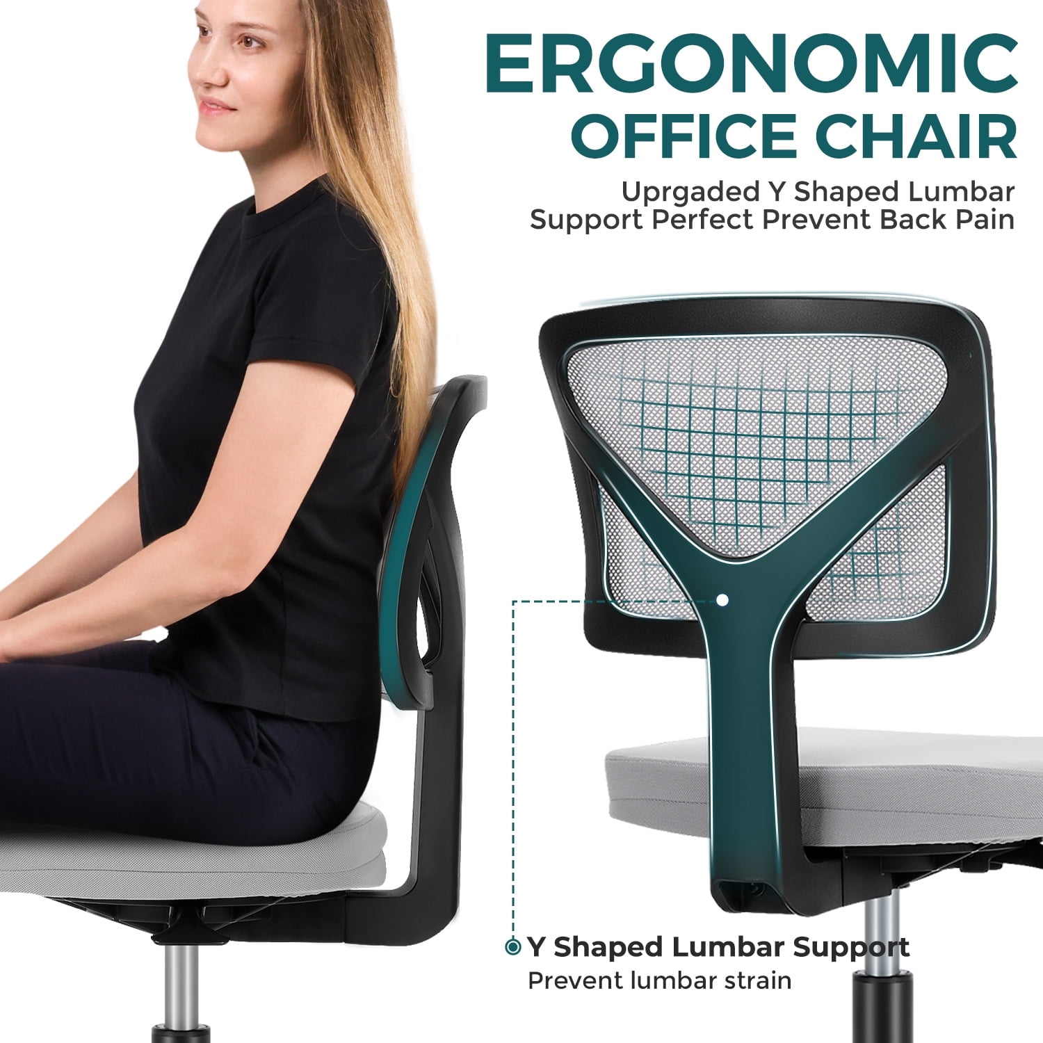 Gianna Armless Desk Chair with Low Back Adjustable Ergonomic Rolling for Home Office Study