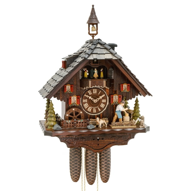 Cuckoo Clock Black Forest house with moving wood chopper and mill wheel