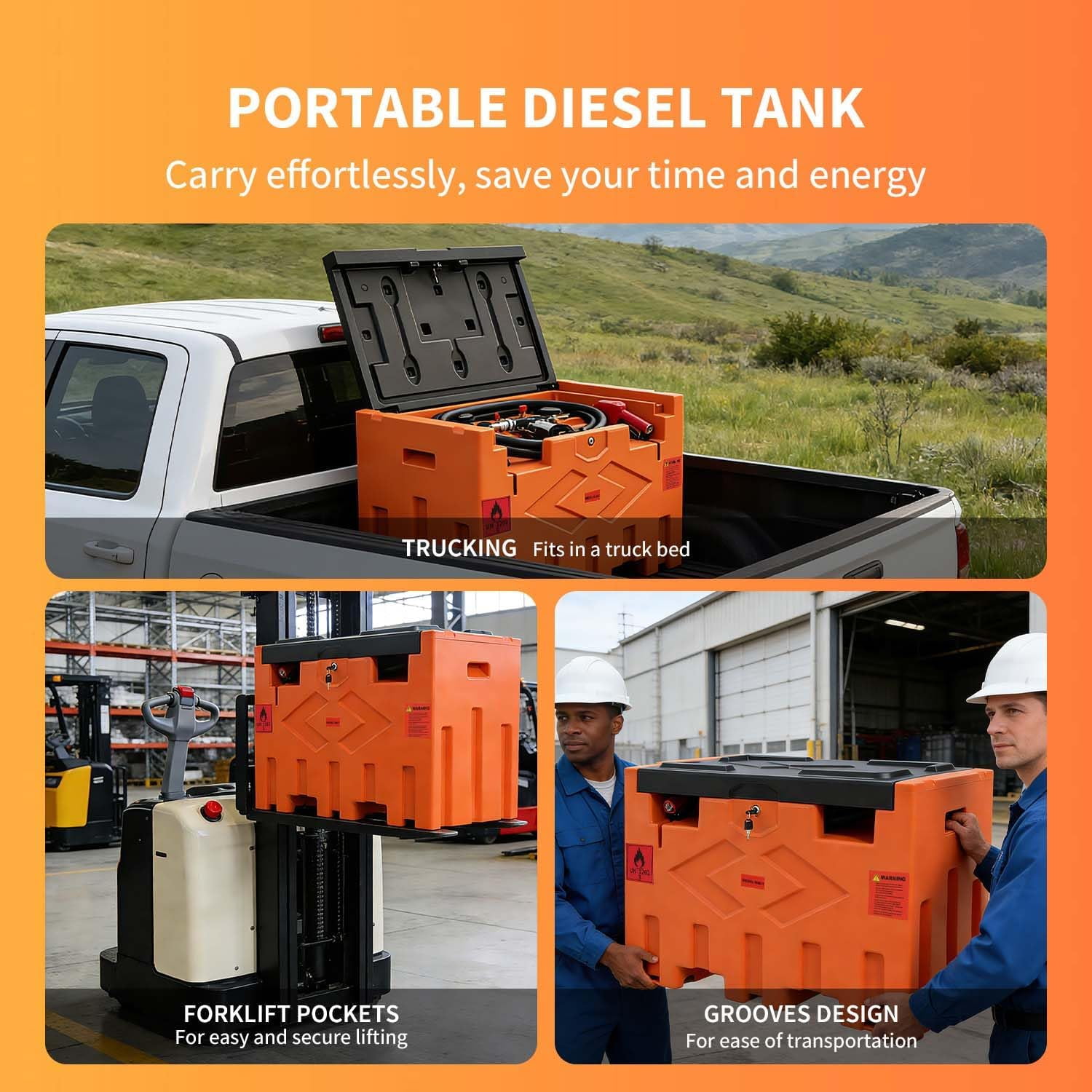 Portable 50 Gallon Diesel Fuel Transfer Tank with 12V Electric Pump, 11.9 GPM Flow Rate, 15ft Hose, Automatic Nozzle, Orange