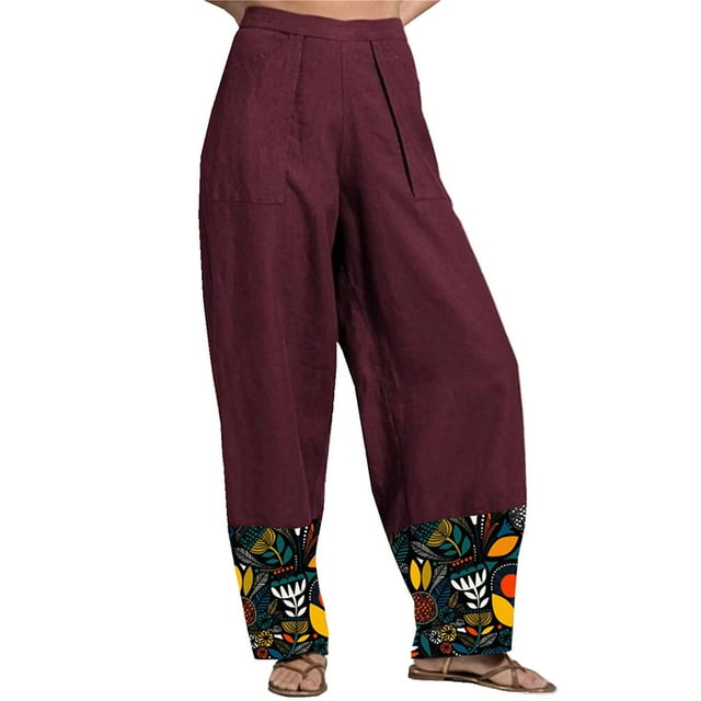 SMihono Pantalon en Lin pour Femmes Mode Grande Taille Décontracté Ample Poches Droites Imprimé Grand Jambe Ample Patchwork Long jusqu'à 65 % de Réduction!