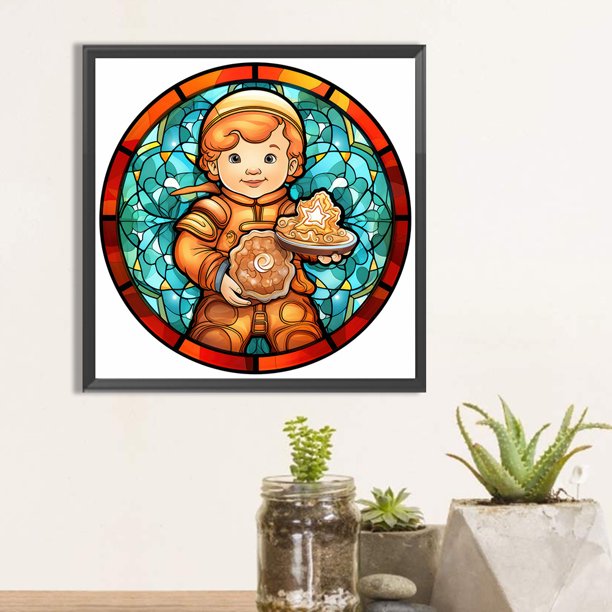 Cuadros Decorativos Pintura de diamante 5D DIY Taladro redondo completo Hombre de pan de jengibre Vidrieras Arte para el hogar DQrwqpou embutido en tela