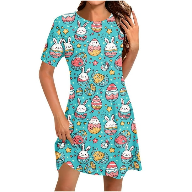 Vestido Corto para las Mujeres Cuello Redondo Manga Corta Impresa Suéter, Moda Casual Estilo Línea