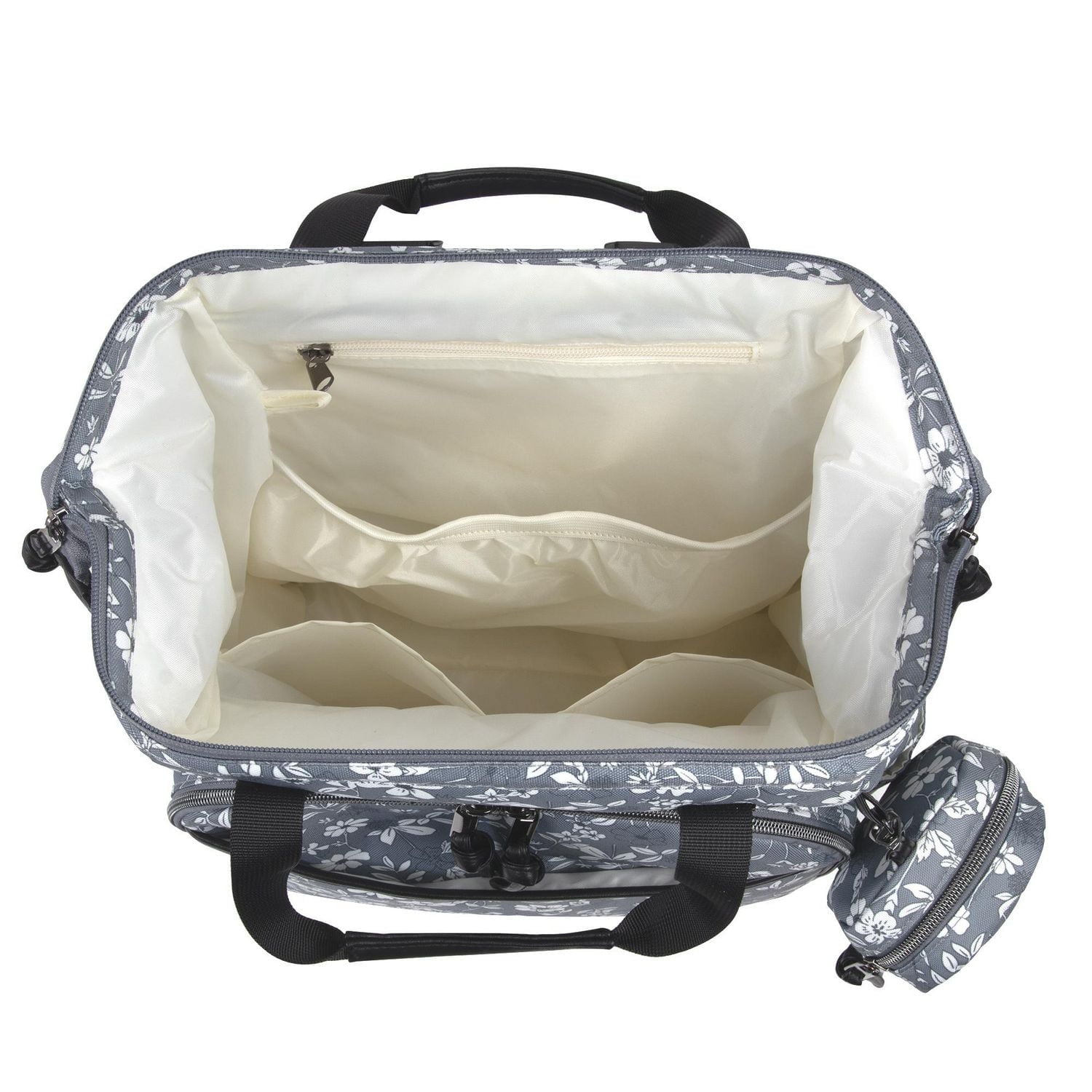 Baby Essentials Super Cooler Main Frame Dual Zipper Closure Diaper Bag Backpack Tote with Matching Changing Pad, Insulated Bottle Pockets, Stroller Straps and Pacifier Pouch in Grey Floral, 11 pockets