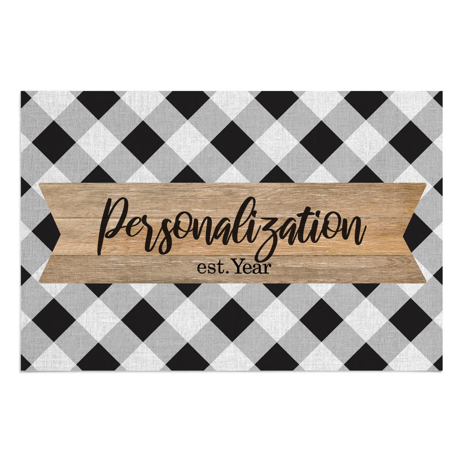 Personalized Planet 27x18 Black and White Gingham Doormat with Custom Personalization Printed on Rectangular 1/4” Thick Non Slip Mat for Kitchen Hallway Deck or Porch