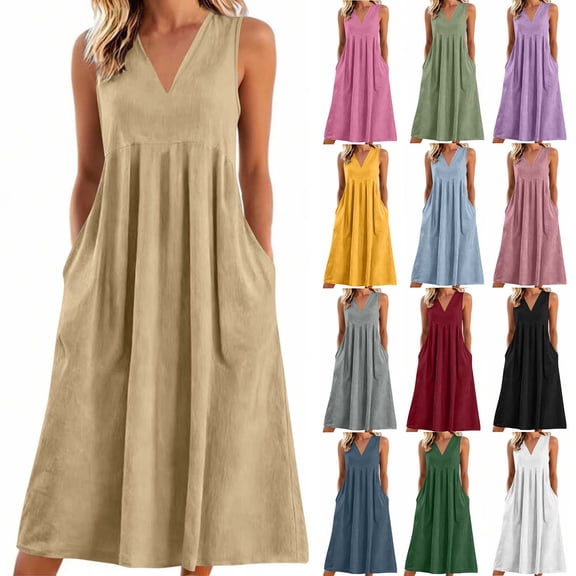 Womens Casual V Neck Sleeveless Midi Dress with Pockets, Loose Fit A Line Flowy Sundress for Summer Beach Vacation, Comfortable Lightweight Tank Dress